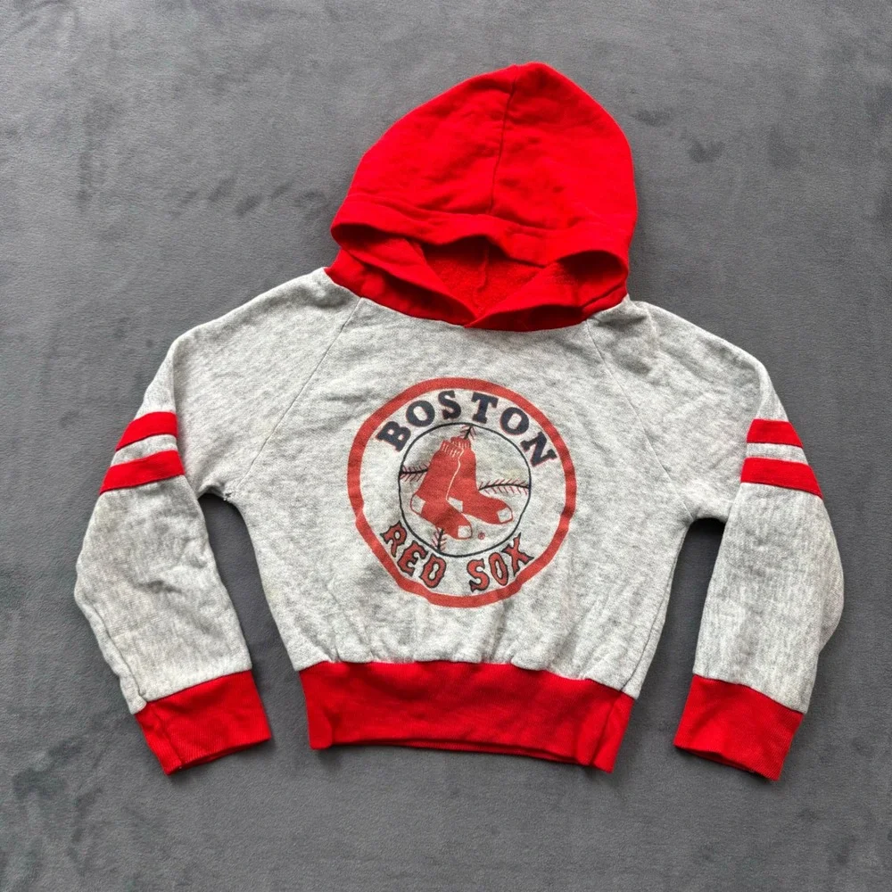 Vintage Boston Red Sox Youth Hoodie Gray Red Raglan Striped Sleeve Sweatshirt